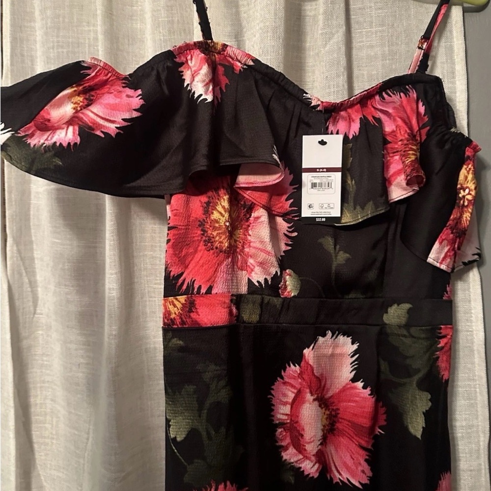 Time and Tru Black and Pink Floral Midi Dress